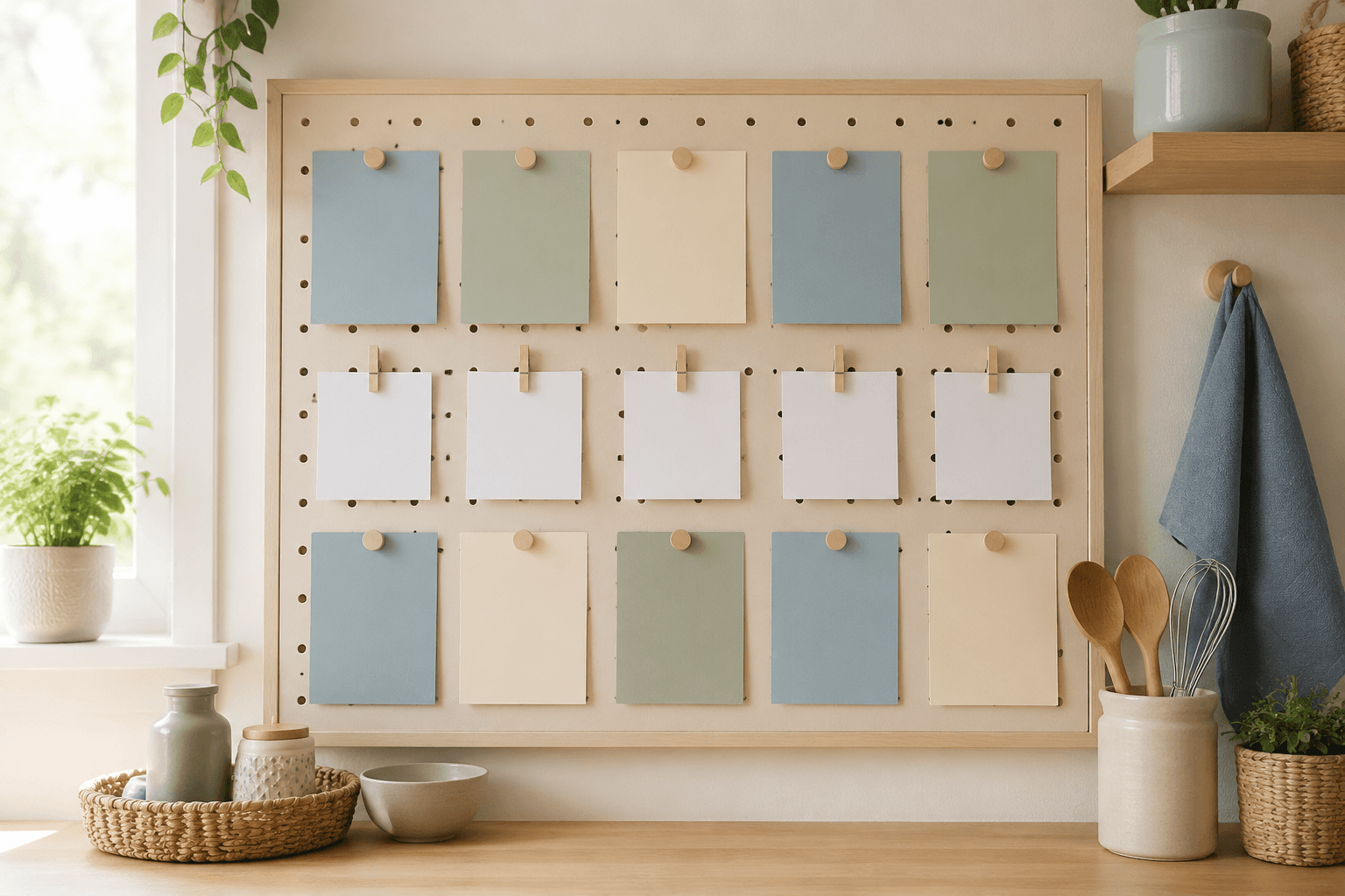 A shared household checklist board with pastel cards pinned in tidy rows