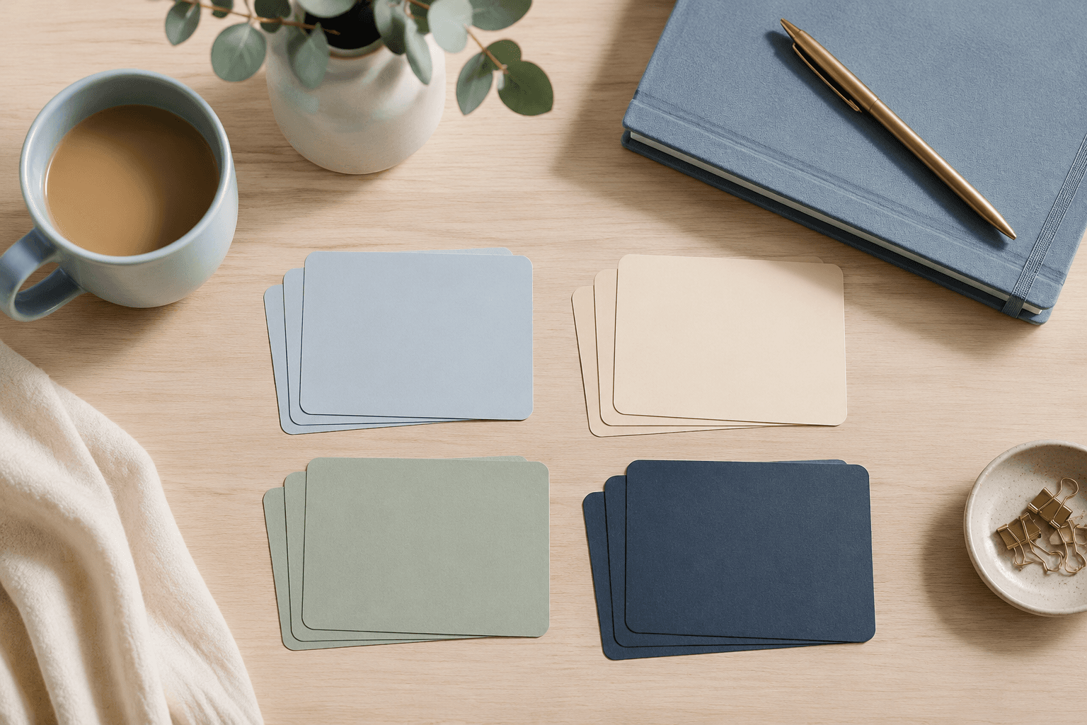 Blank pastel planning cards being sorted into four tidy stacks