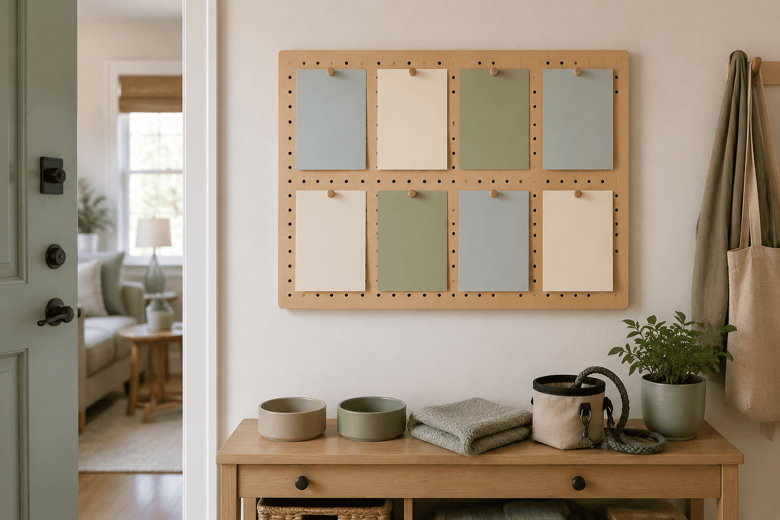 A quiet family entryway with a wall of pastel pet routine cards, plain bowls, a folded blanket and a lead pouch